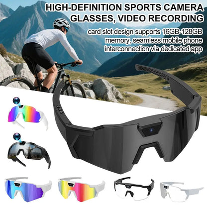 Sports camera glasses with various lens options on a scenic mountain background