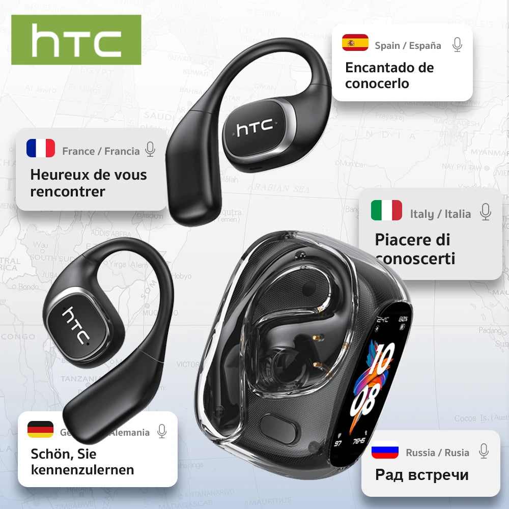 Black HTC earbuds and smartwatch with language selection options on a light gray background