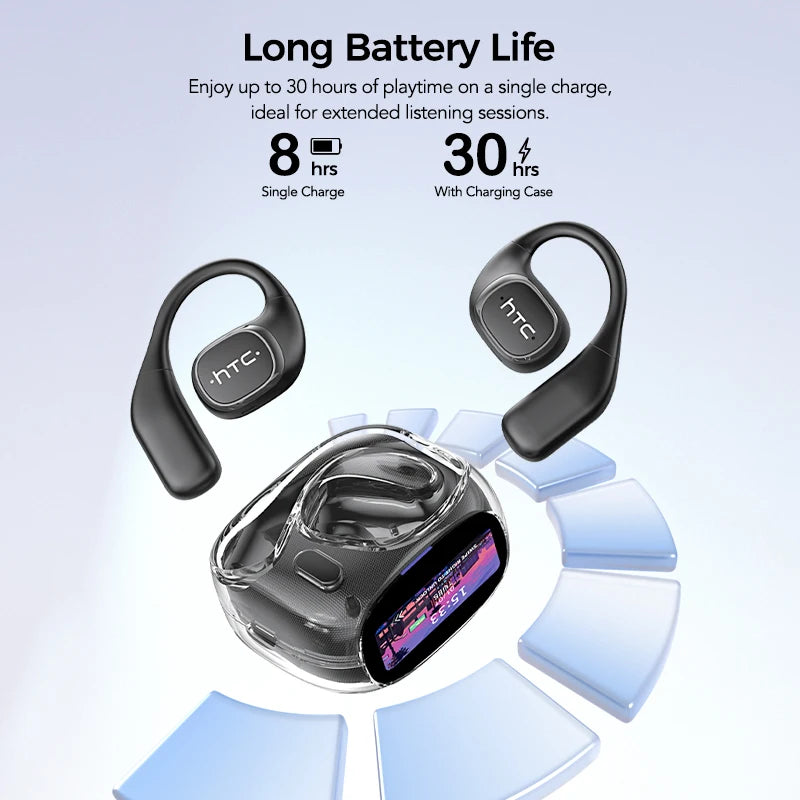 Wireless earbuds with charging case and battery life information on a light blue background