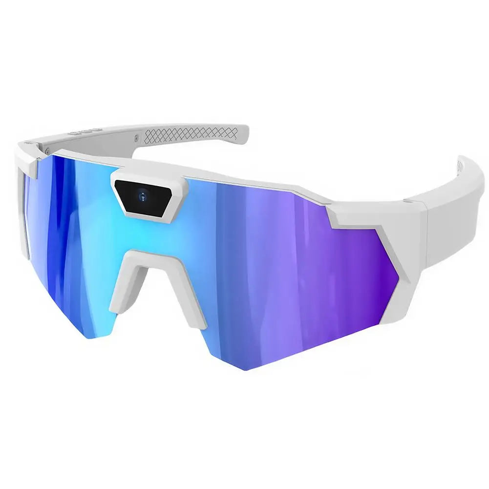 Sunglasses with blue and purple reflective lenses on a white background