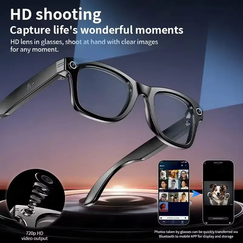 Smart glasses with smartphone app interface on a scenic background