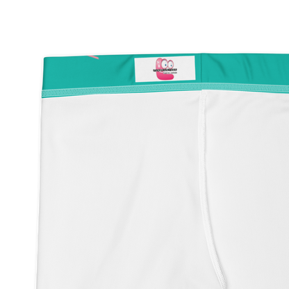 White athletic shorts with teal waistband and brand logo "Funwearcode" on a white background