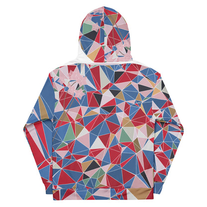 Colorful geometric patterned hoodie with cherry blossoms graphic on a white background