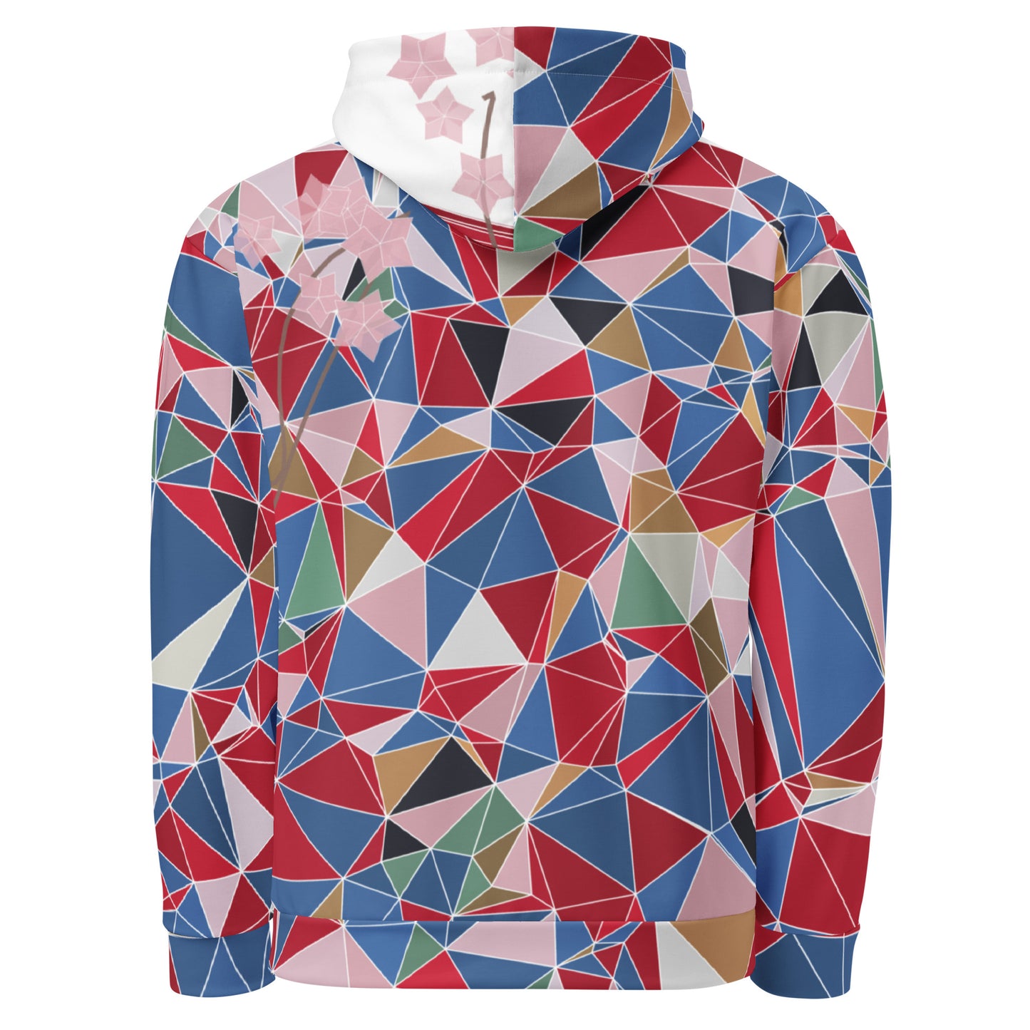 Colorful geometric patterned hoodie with cherry blossoms graphic on a white background