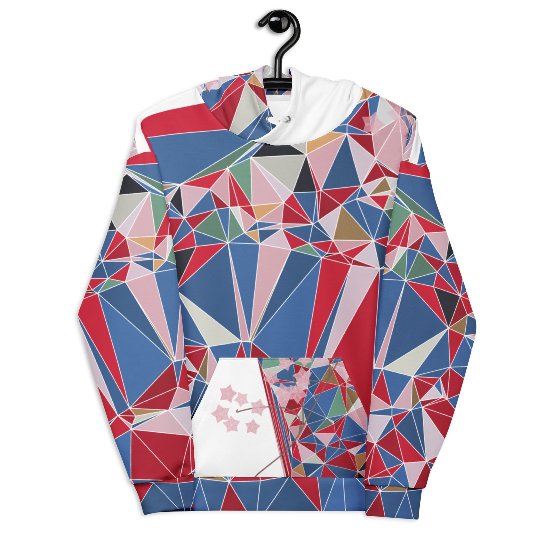 Colorful geometric patterned hoodie with cherry blossoms graphic on a hanger against a white background