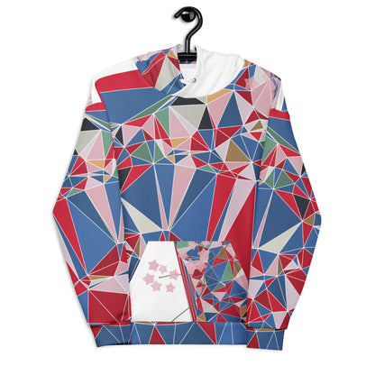 Colorful geometric patterned hoodie with cherry blossoms graphic on a hanger against a white background