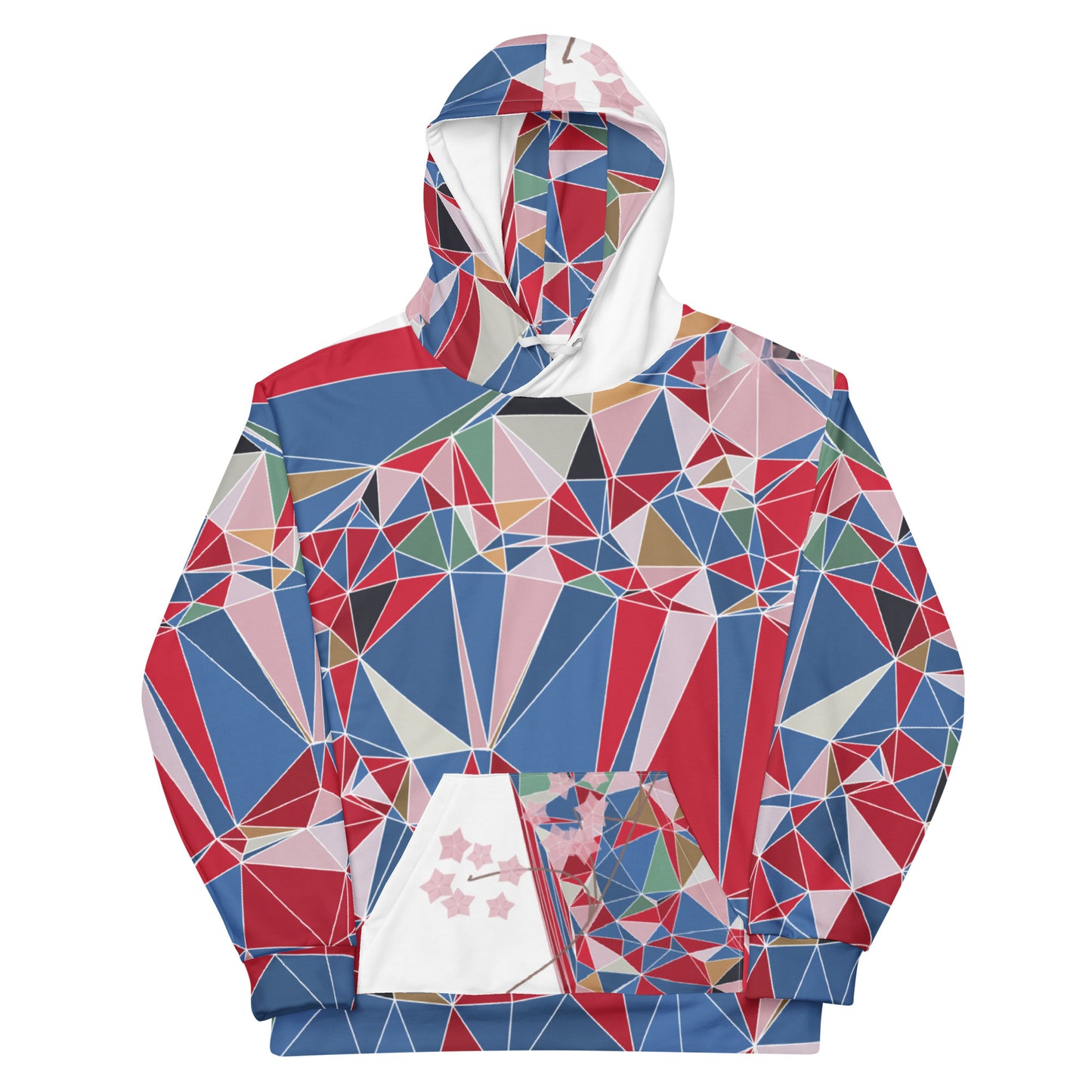 Colorful geometric patterned hoodie with cherry blossoms graphic on a white background