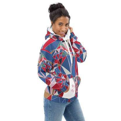 Woman wearing a colorful geometric-patterned hoodie with cherry blossoms graphic on a white background