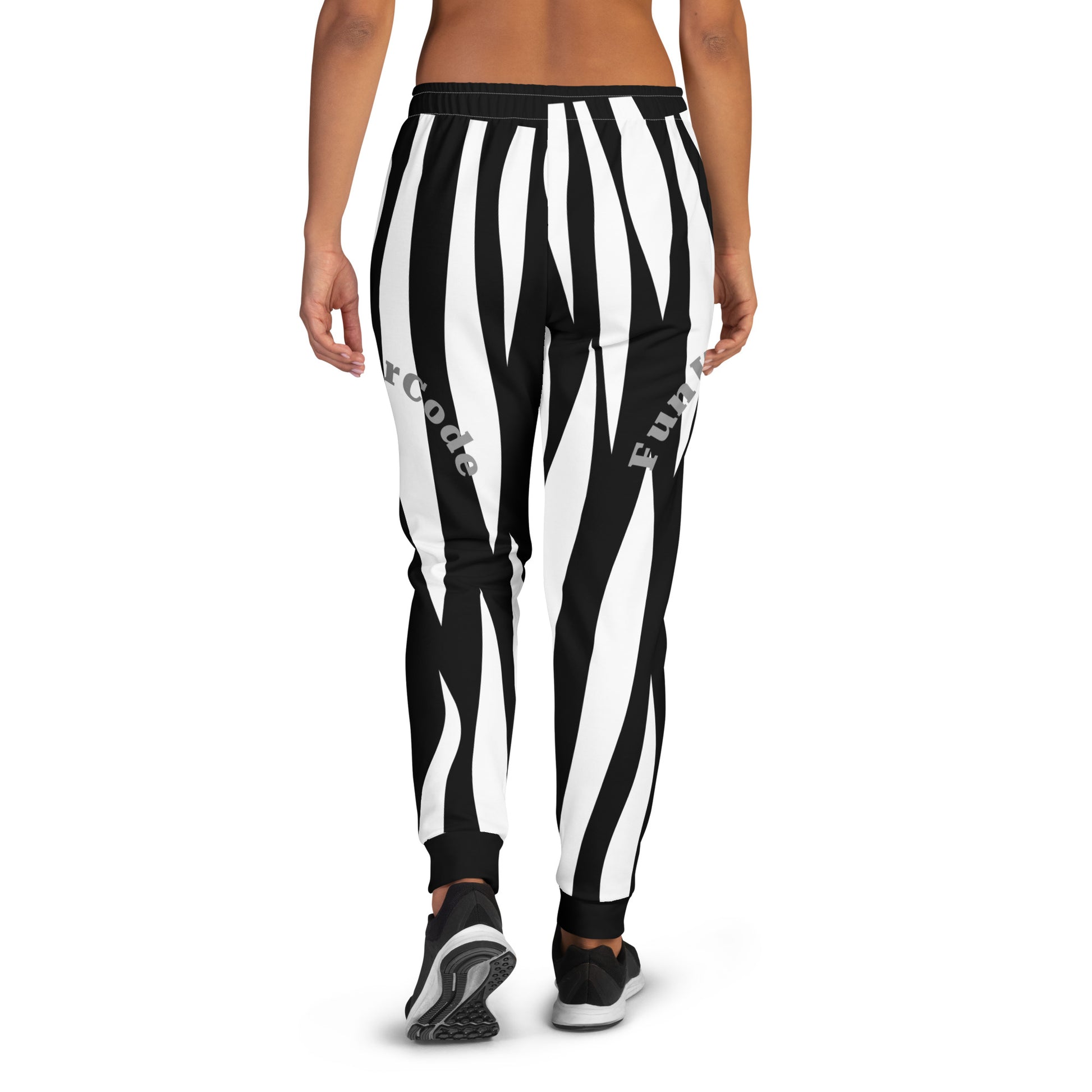 Black and white striped pants with brand 'Fun Wear Code' text logo on a white background