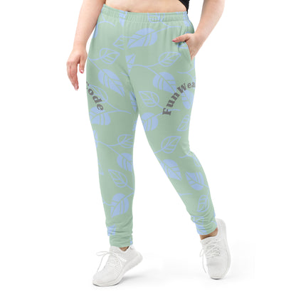 Light green jogger pants with blue floral patterns and 'Fun Wear Code' text on a white background