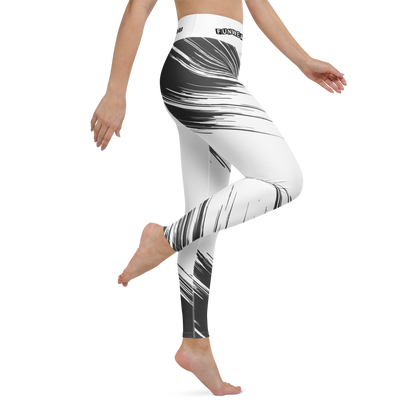 White leggings with black abstract pattern with waistband brand logo 'Funwearcode' worn by a person on a white background
