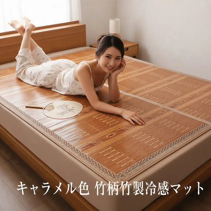 Woman lying on a wooden floor mat in a room with a bed and window.