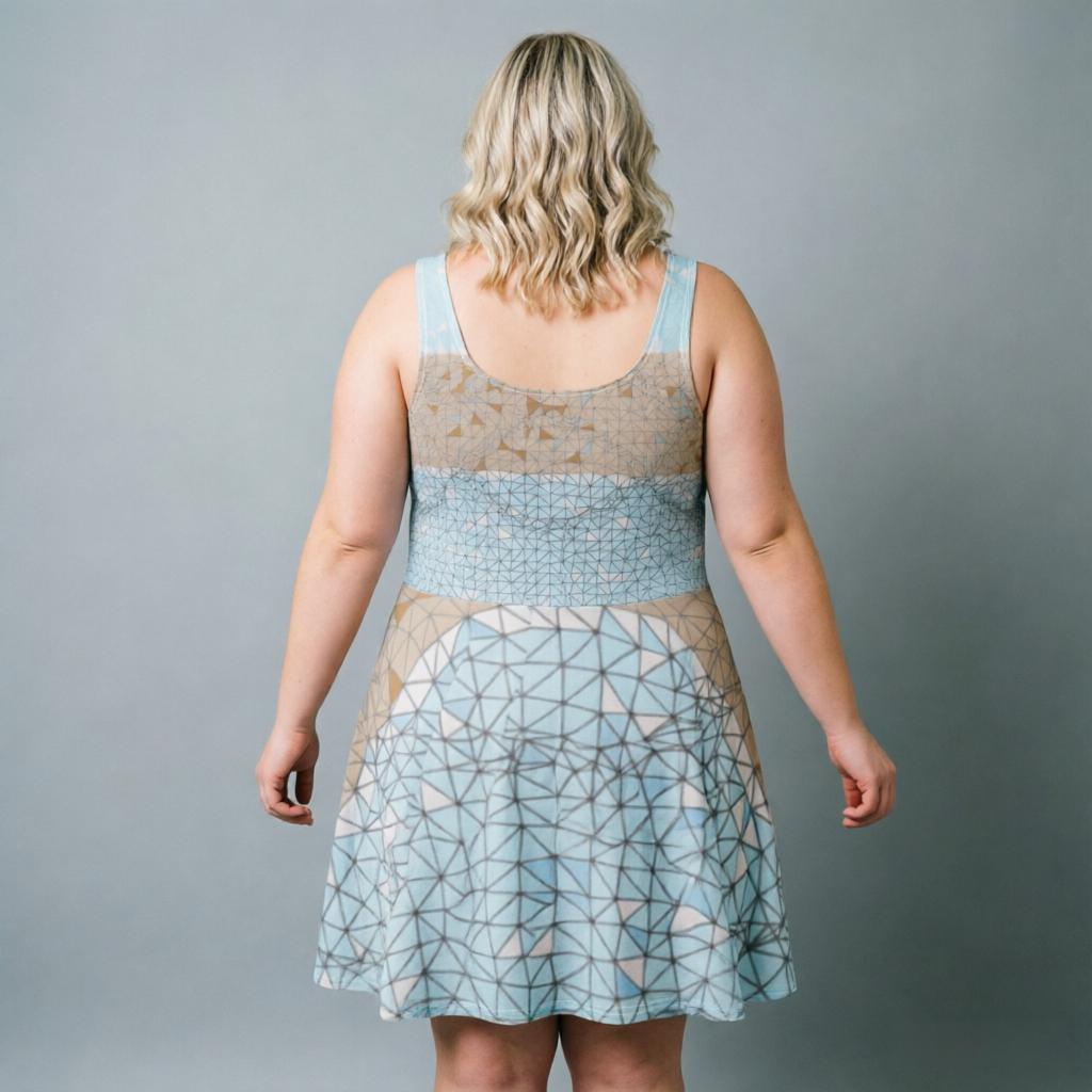 Woman wearing a sleeveless dress with geometric pattern on a gray background