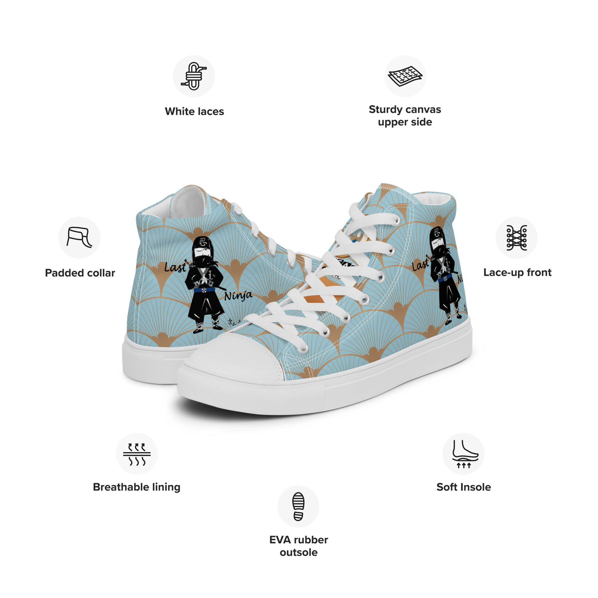 High-top sneakers with a playful ninja graphic design and white laces, featuring a text 'Last ninja' and brand label 'Funwearcode' in a white background.