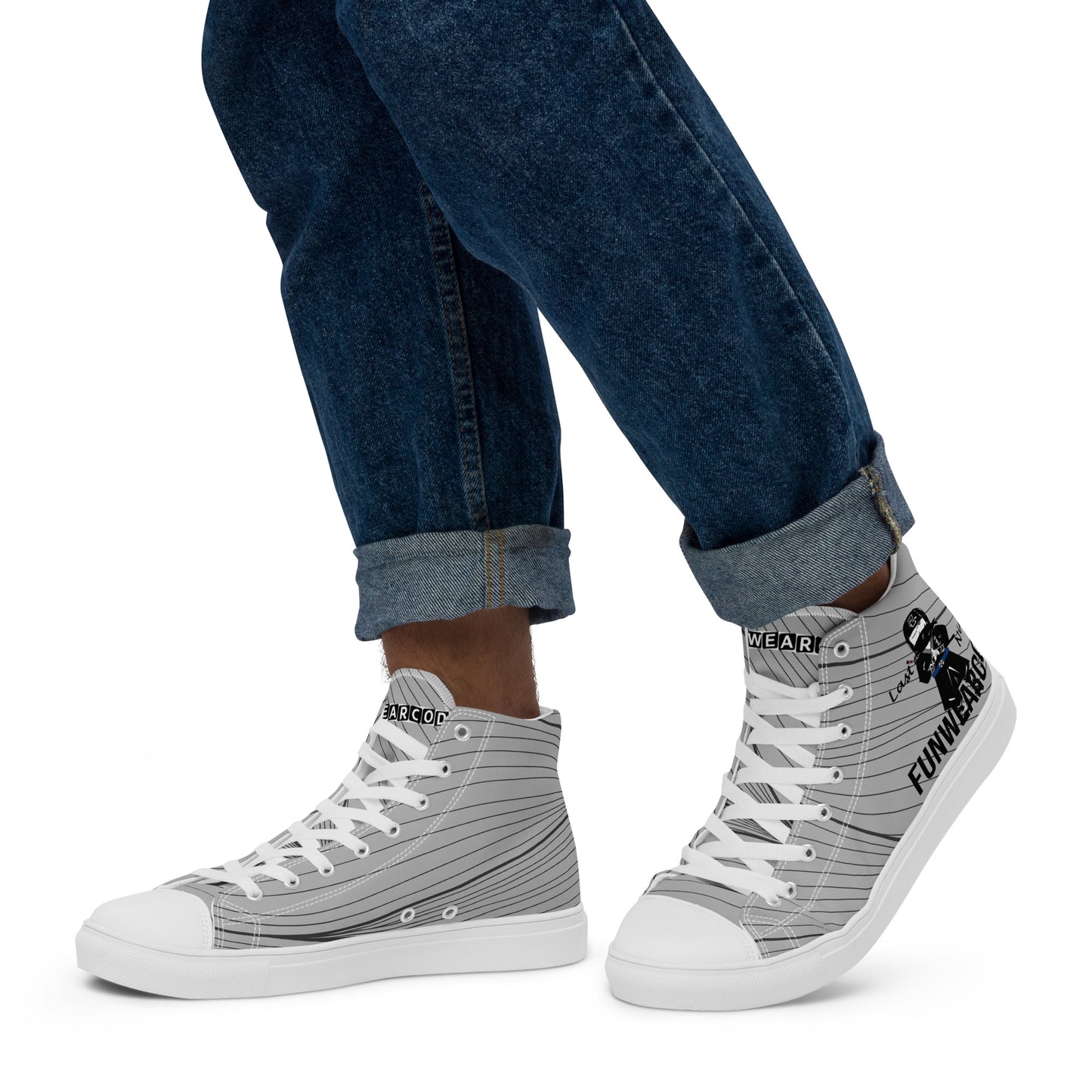 Gray high-top sneakers with a ninja graphic and 'Fun Wear Code' text logo, and with white soles worn with rolled-up blue jeans on a white background