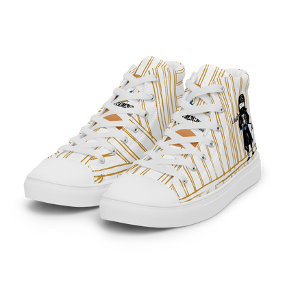 White yellow stripe high-top sneakers with a playful ninja graphic design and white laces, featuring a brand label 'Funwearcode' on a white background