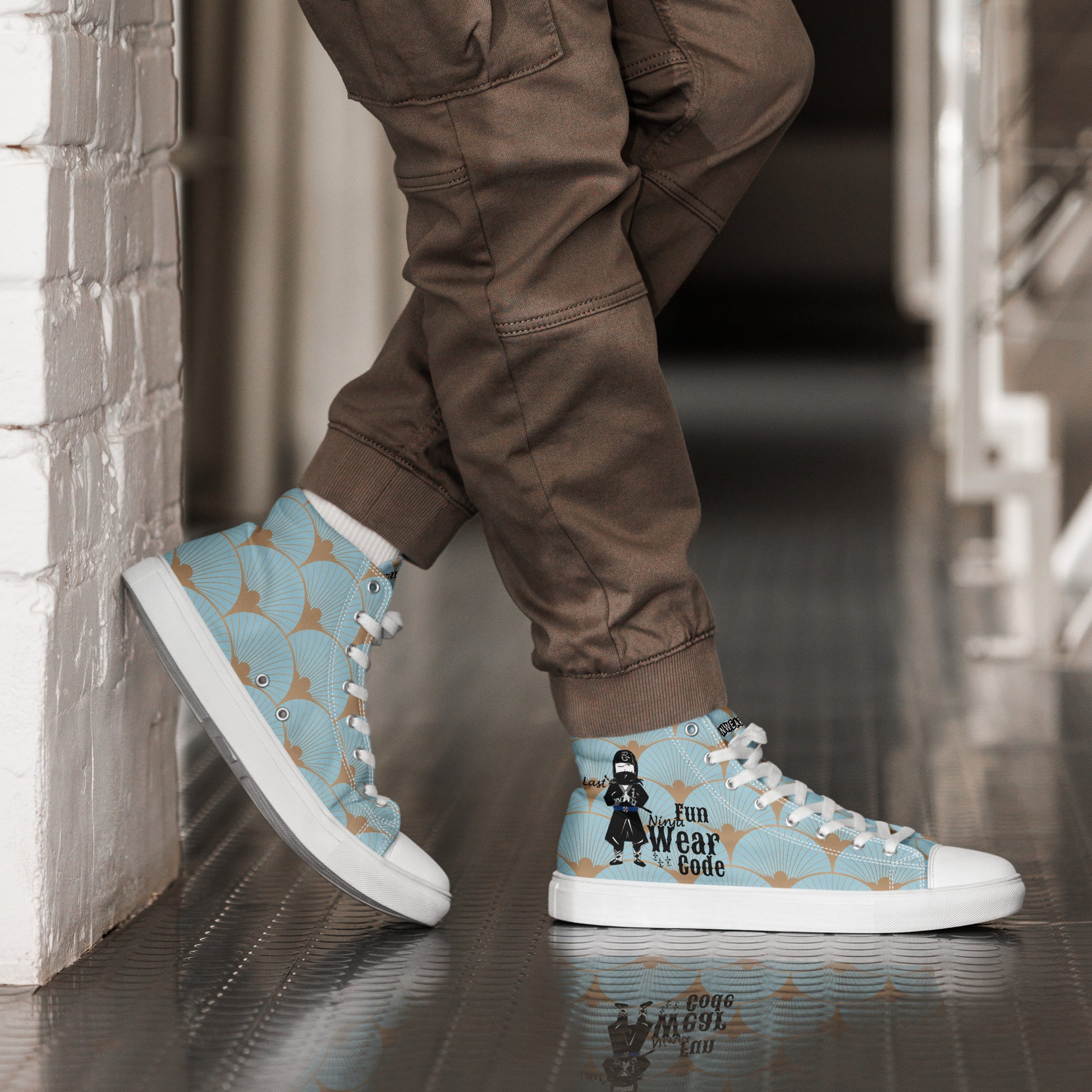 Person wearing blue high-top sneakers with a ninja graphic and 'Fun Wear Code' text logo, standing on a reflective floor.