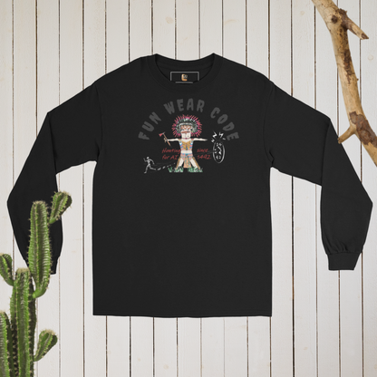 Black long-sleeve shirt with a playful American Indian graphic design and text "Fun Wear Code" on a wooden surface with a cactus.