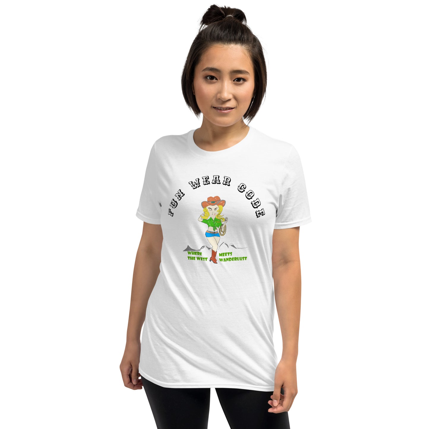 Woman wearing a white t-shirt  with a graphic of a cowgirl and text "Fun Wear Code" on a white background