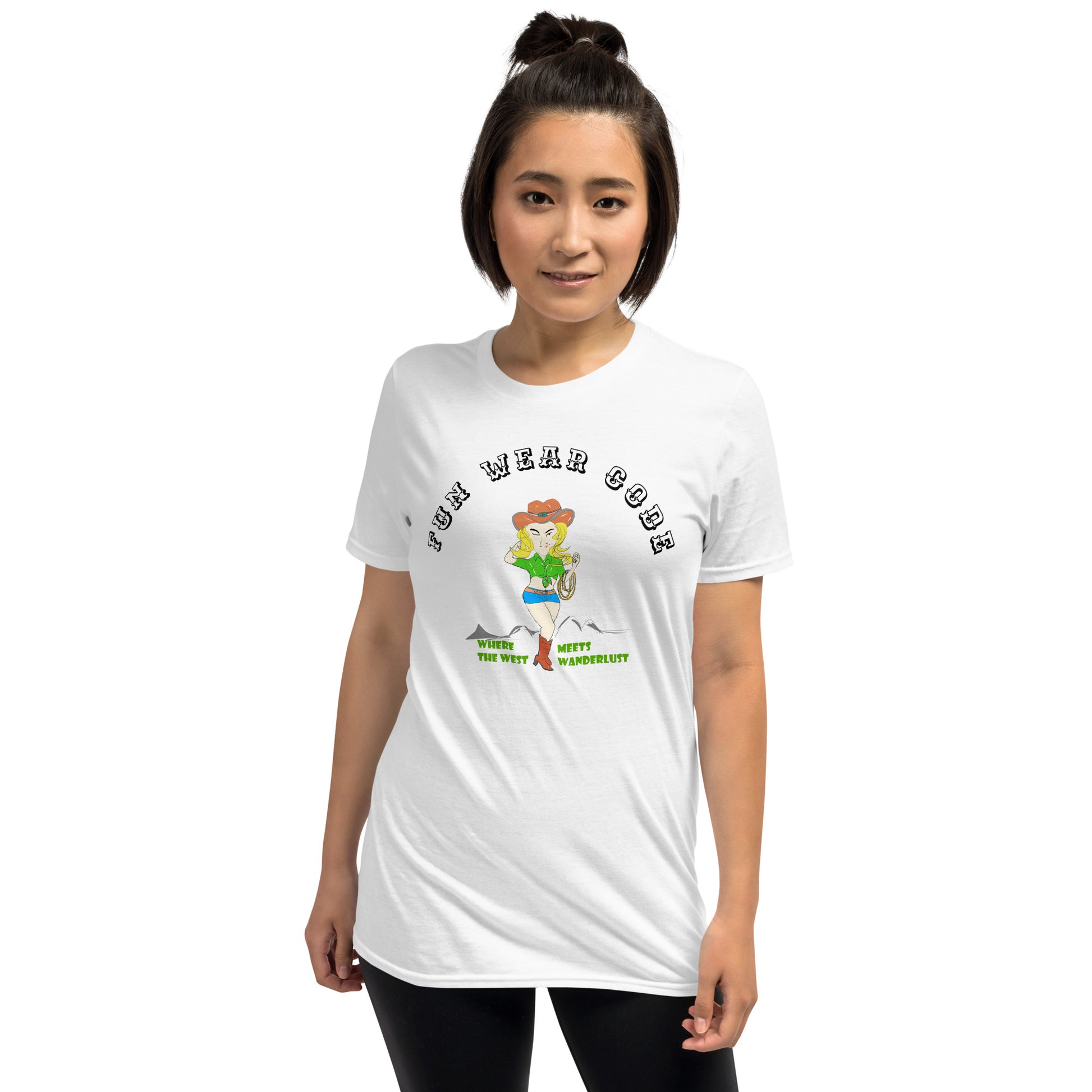 Woman wearing a white t-shirt  with a graphic of a cowgirl and text "Fun Wear Code" on a white background