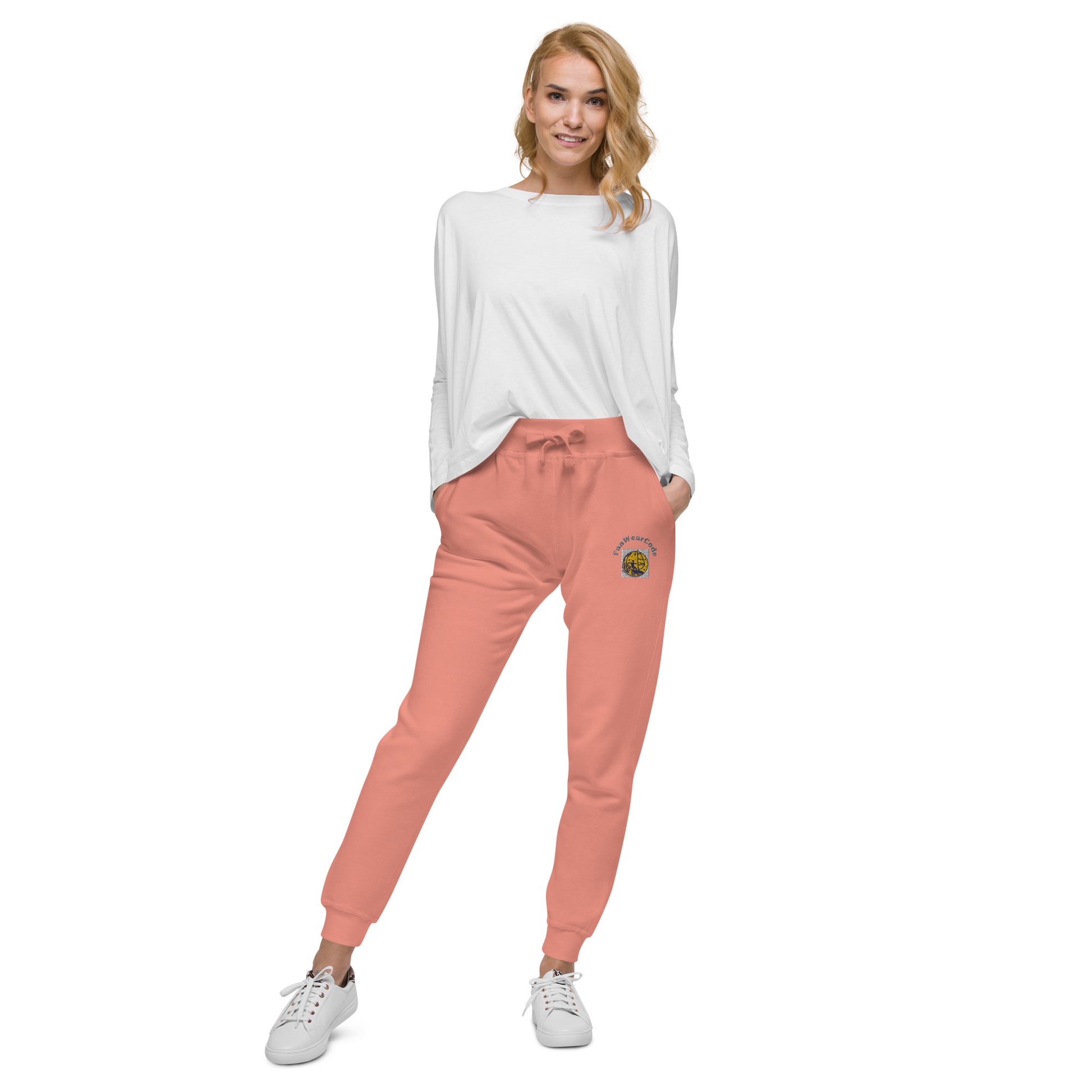 Woman wearing pink sweatpants with a 'Fun Wear Code' logo on a white background