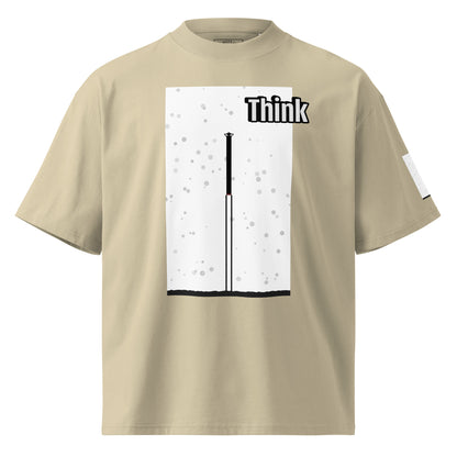Beige t-shirt with an abstract long-leg human graphic design and 'Think' text on a white background