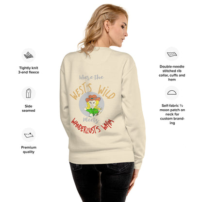 Woman wears a beige color sweatshirt with a cowgirl graphic design on the back, standing against a white background with product features texts
