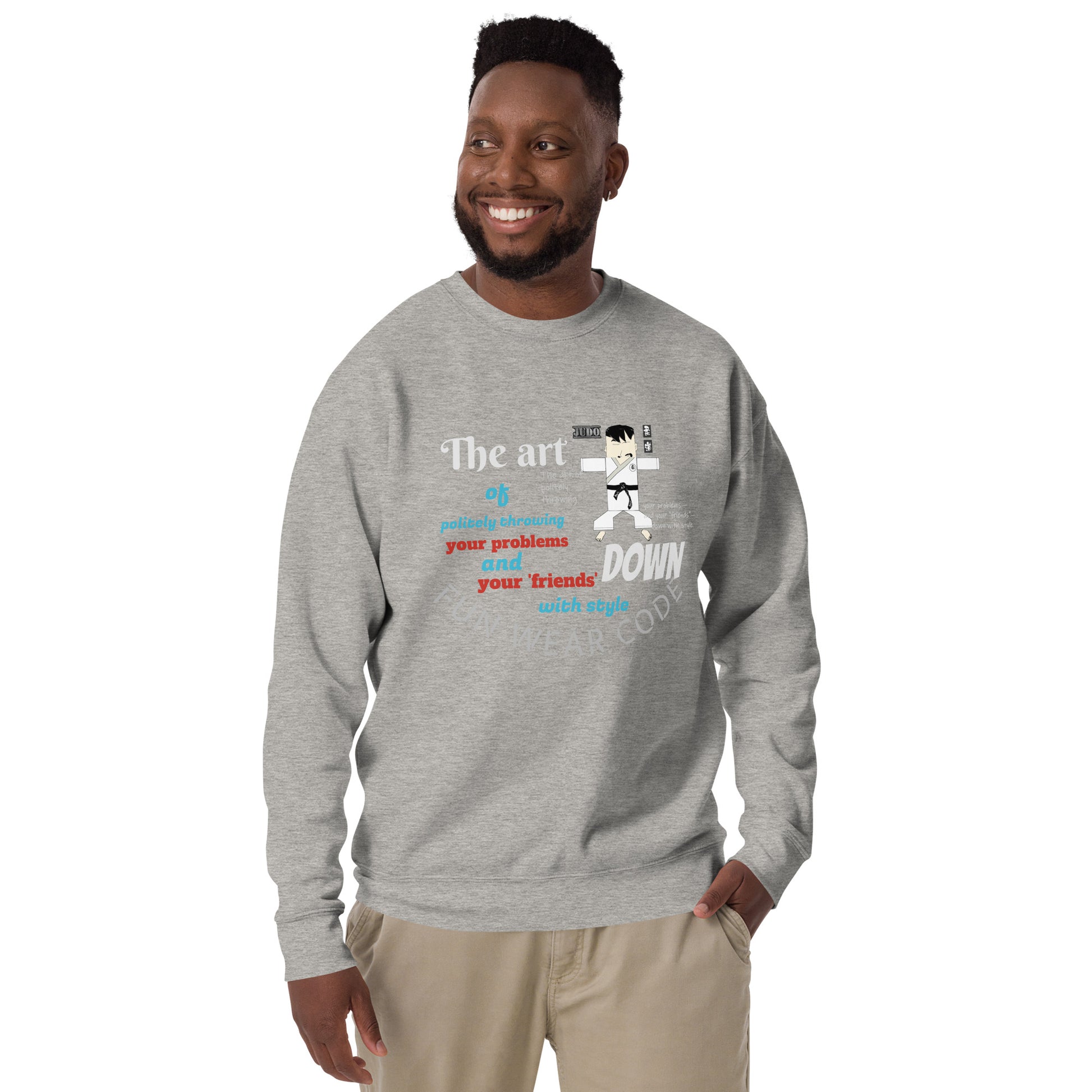Man wearing a gray 'Fun Wear Code' brand sweatshirt with text and judo graphics on a white background