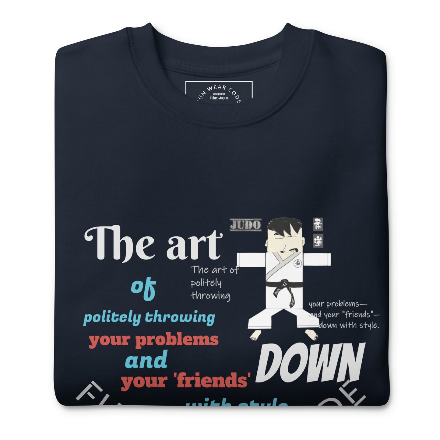 Folded black 'Fun Wear Code' brand  sweatshirt with a humorous judo-themed graphic and text on a white background