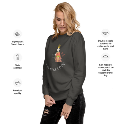 Woman wearing a black sweatshirt with a Thai lady graphic design and text 'FUN WEAR CODE' on a white background, featuring text about sweatshirt features.