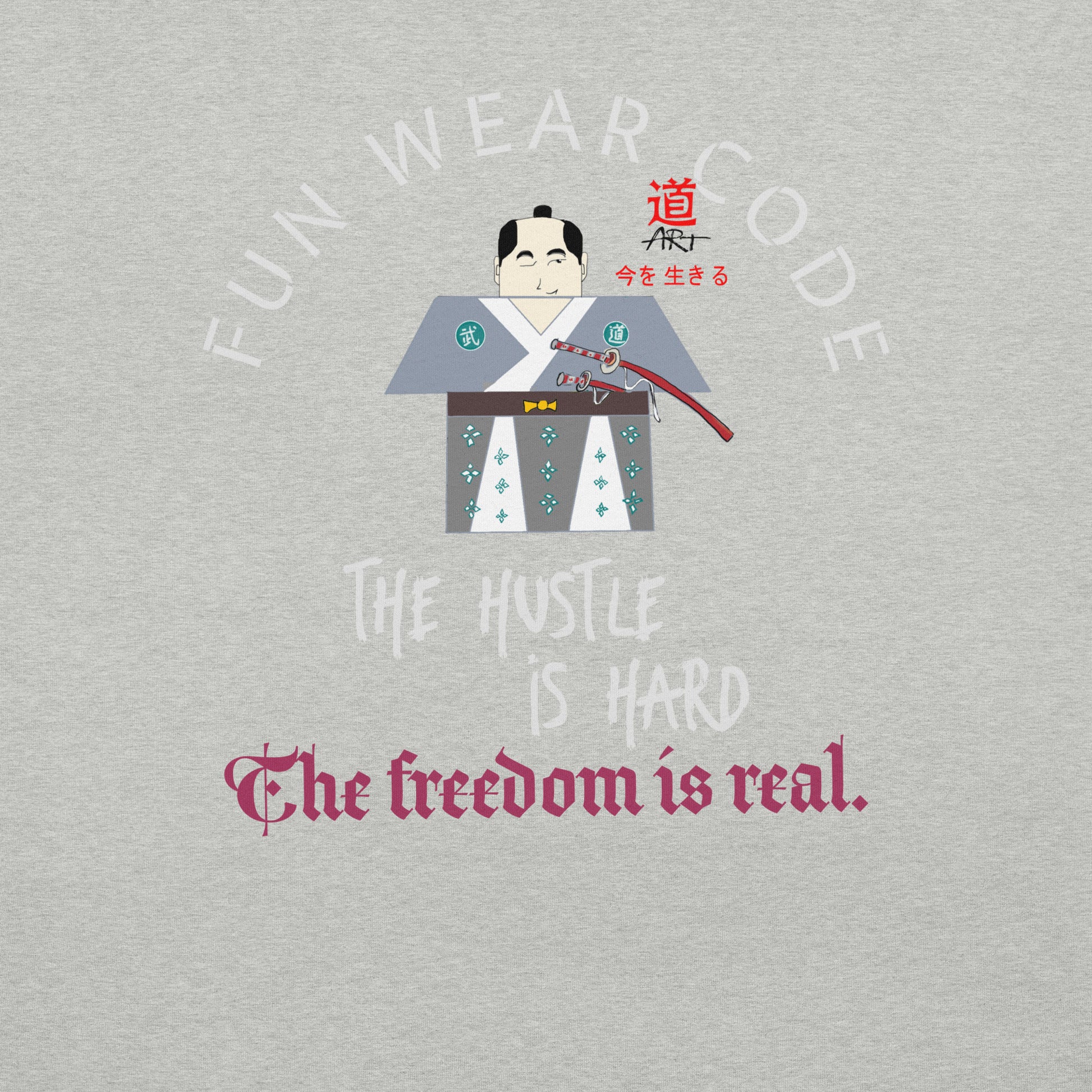 Gray t-shirt with a graphic of a person in traditional Japanese samurai attire and text on a light gray background