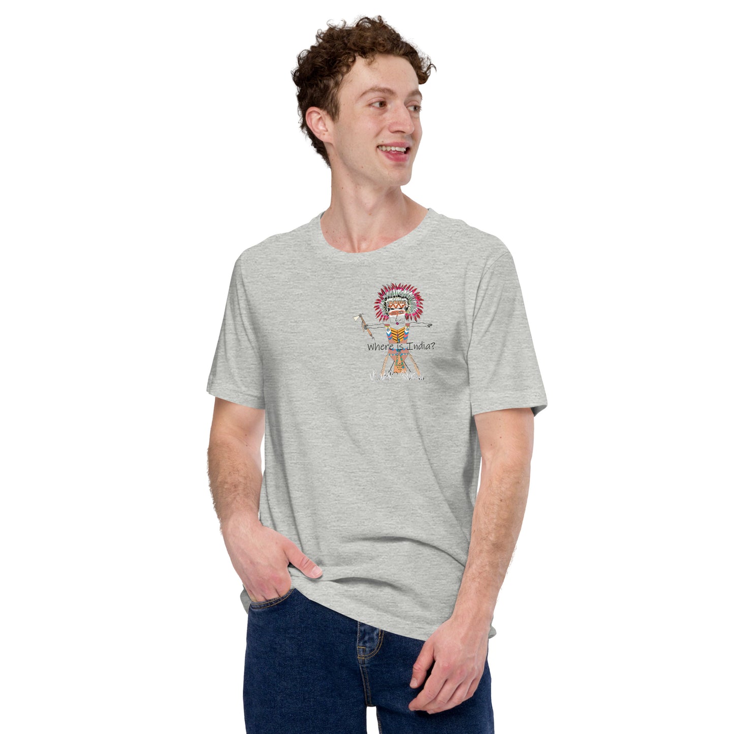 Front view of a man model wearing a gray t-shirt with an American Indian man graphic design on a white background