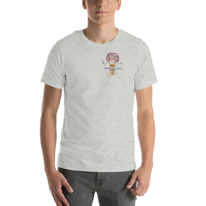 Front view of a man model wearing a gray t-shirt with an American Indian man graphic design on a white background