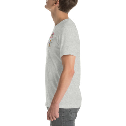 Person wearing a gray t-shirt with a small patch on the sleeve against a white background