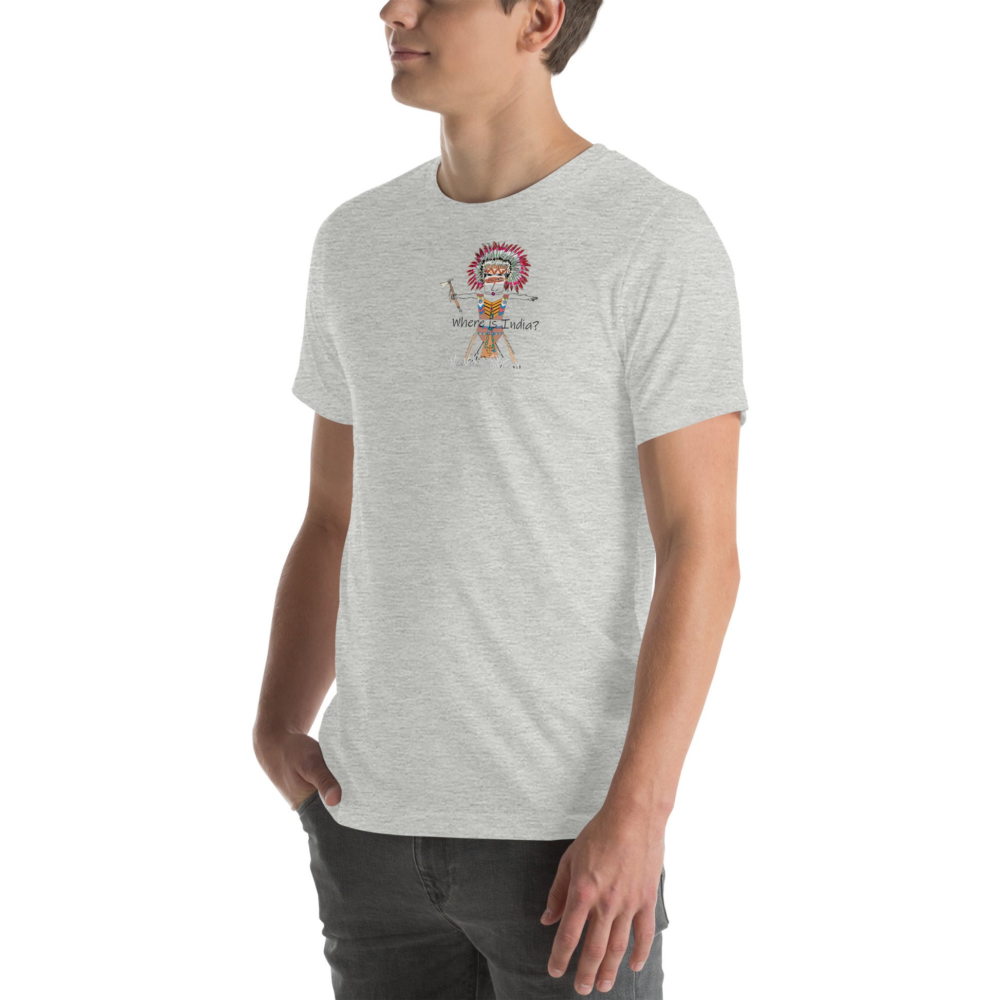 Left side view of a man model wearing a gray t-shirt with an American Indian man graphic design on a white background