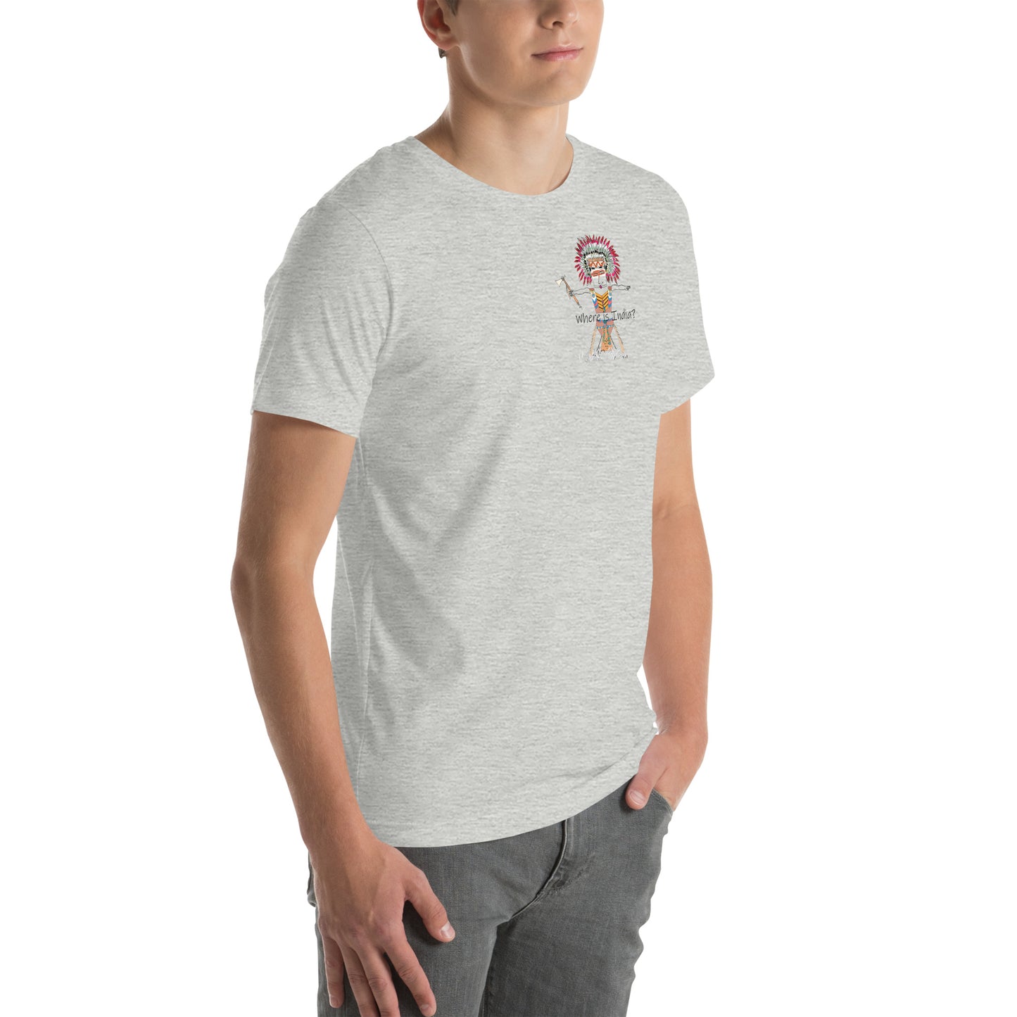 Right side view of a man model wearing a gray t-shirt with an American Indian man graphic design on a white background