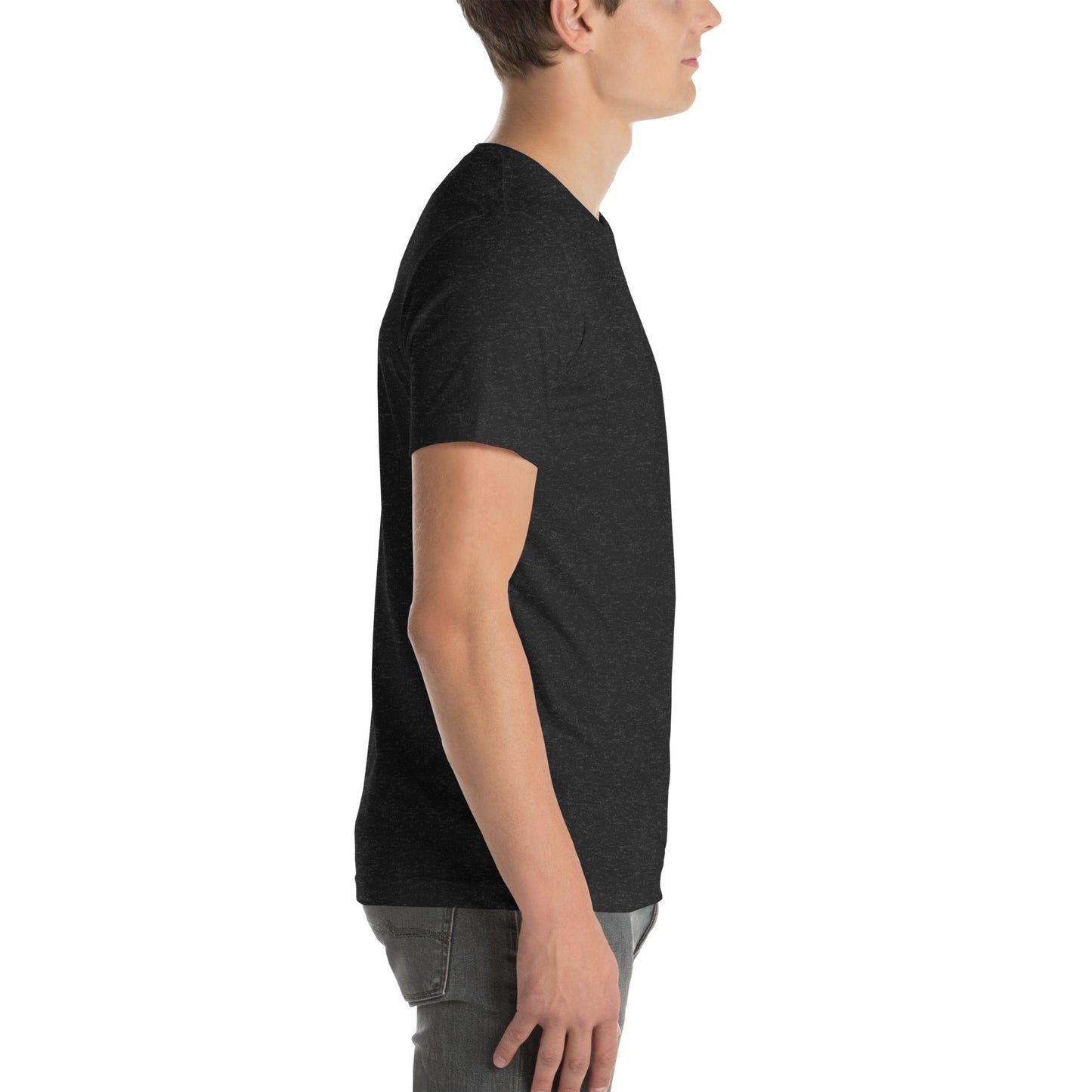 Person wearing a black t-shirt on a white background