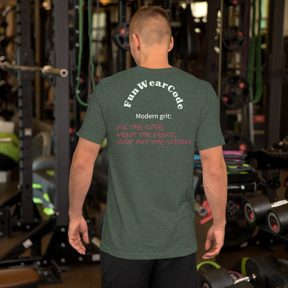Person wearing a green t-shirt with a 'Fun Wear Code' text logo in a gym setting