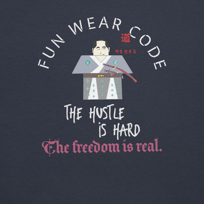 Navy blue t-shirt with a graphic of a person in traditional samurai attire and motivational text on a dark background.