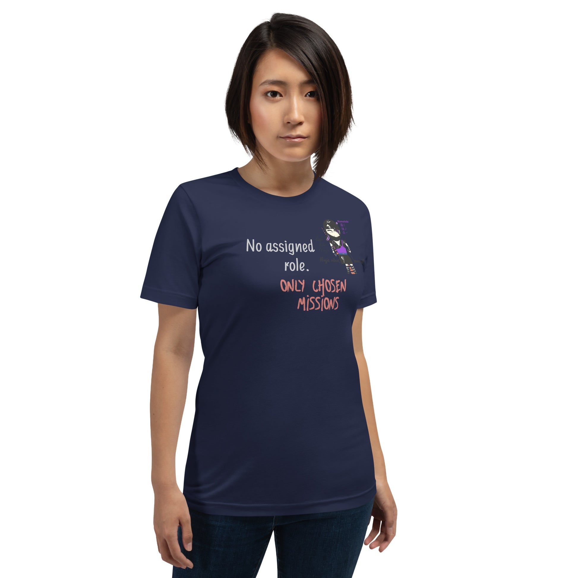 Person wearing a navy blue t-shirt with text and a playful lady ninja graphic on a white background