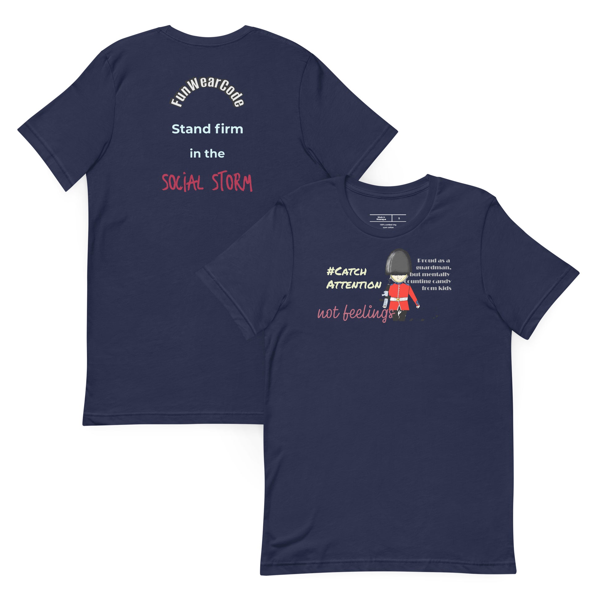 Navy blue t-shirt with text and a playful guardsman graphic together with a 'Fun Wear Code' text logo on a white background