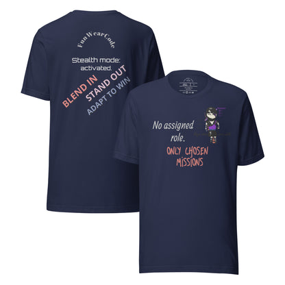 Navy blue t-shirt with a 'Fun Wear Code' text logo, colorful texts and a playful lady ninja graphic design on front and back