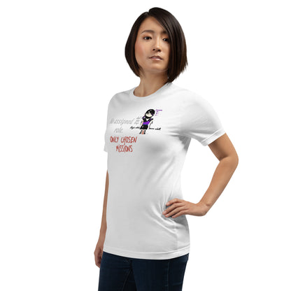 Person wearing a white t-shirt with text and a playful lady ninja graphic design and text on a white background