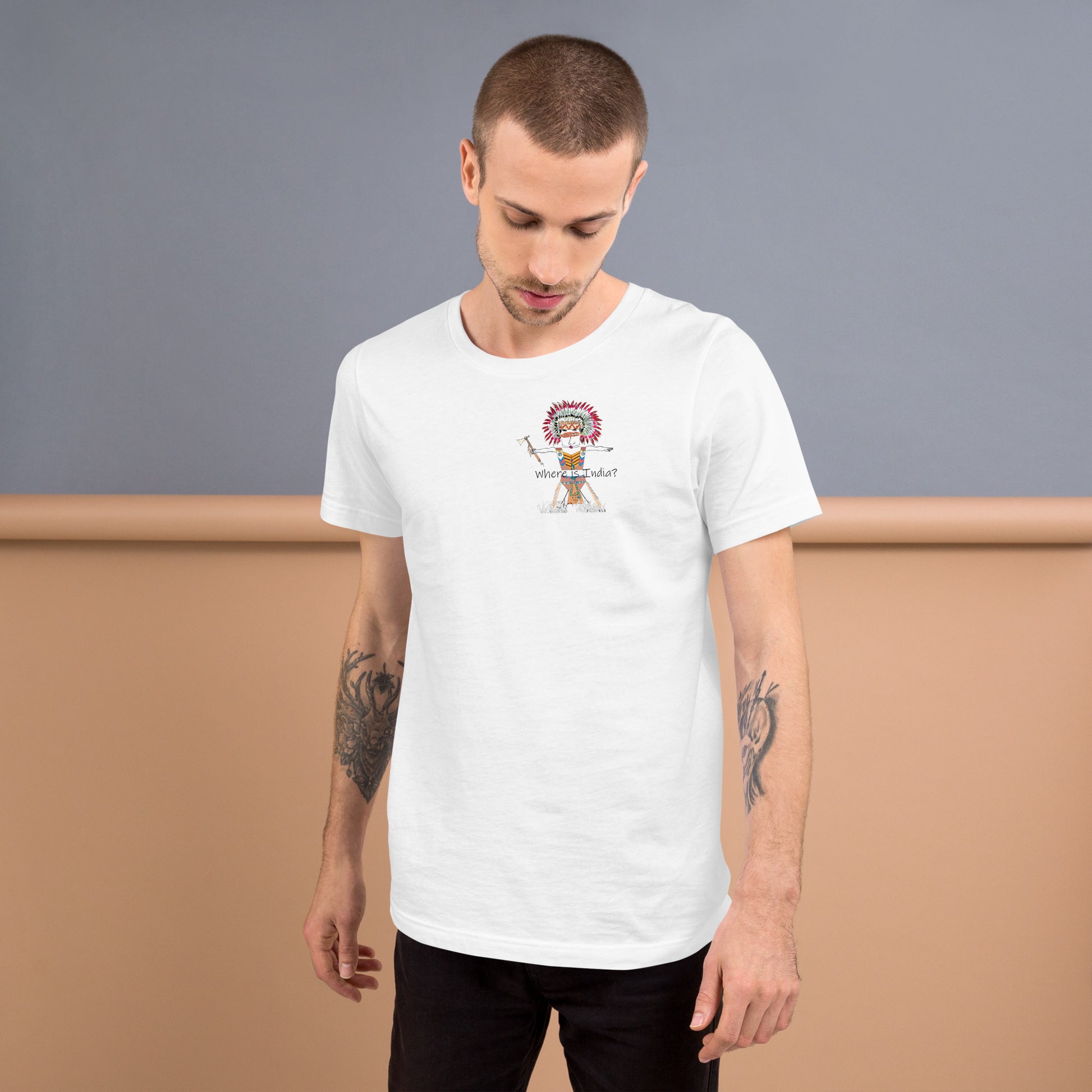 Front view of a man model wearing a white t-shirt with an American Indian man graphic design on a gray background
