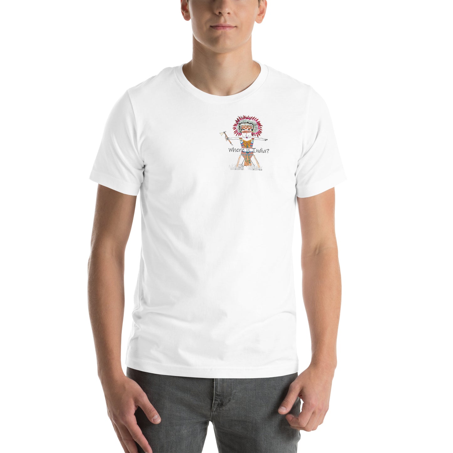Front view of a man model wearing a white t-shirt with an American Indian man graphic design on a white background