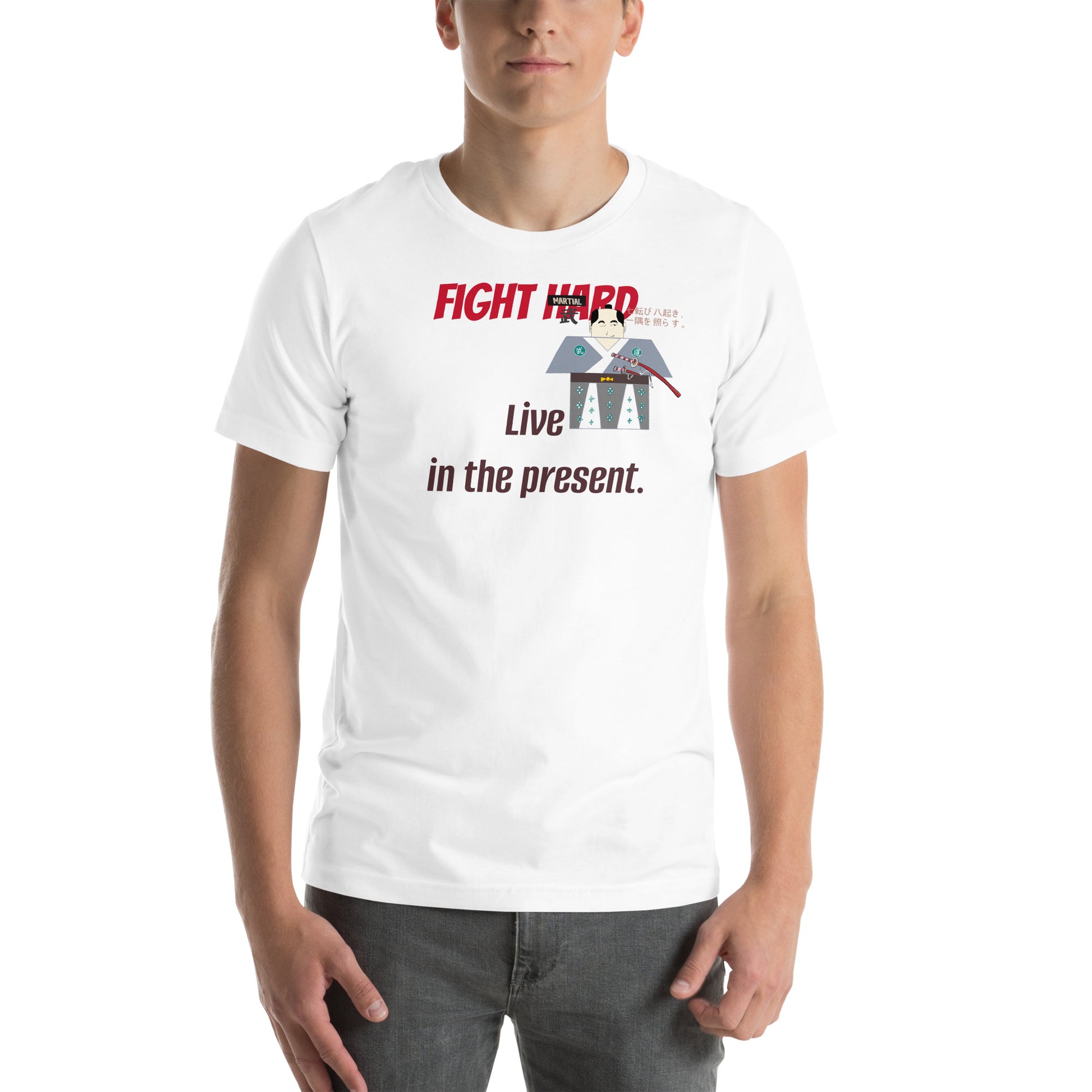 Person wearing a white t-shirt with a samurai graphic design and motivational text.