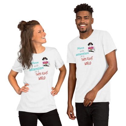Two people wearing white t-shirts with a playful geisha graphic and text on a white background