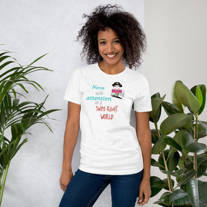 Woman wearing a white t-shirt with colorful text and a playful geisha graphic design, standing between two plants.