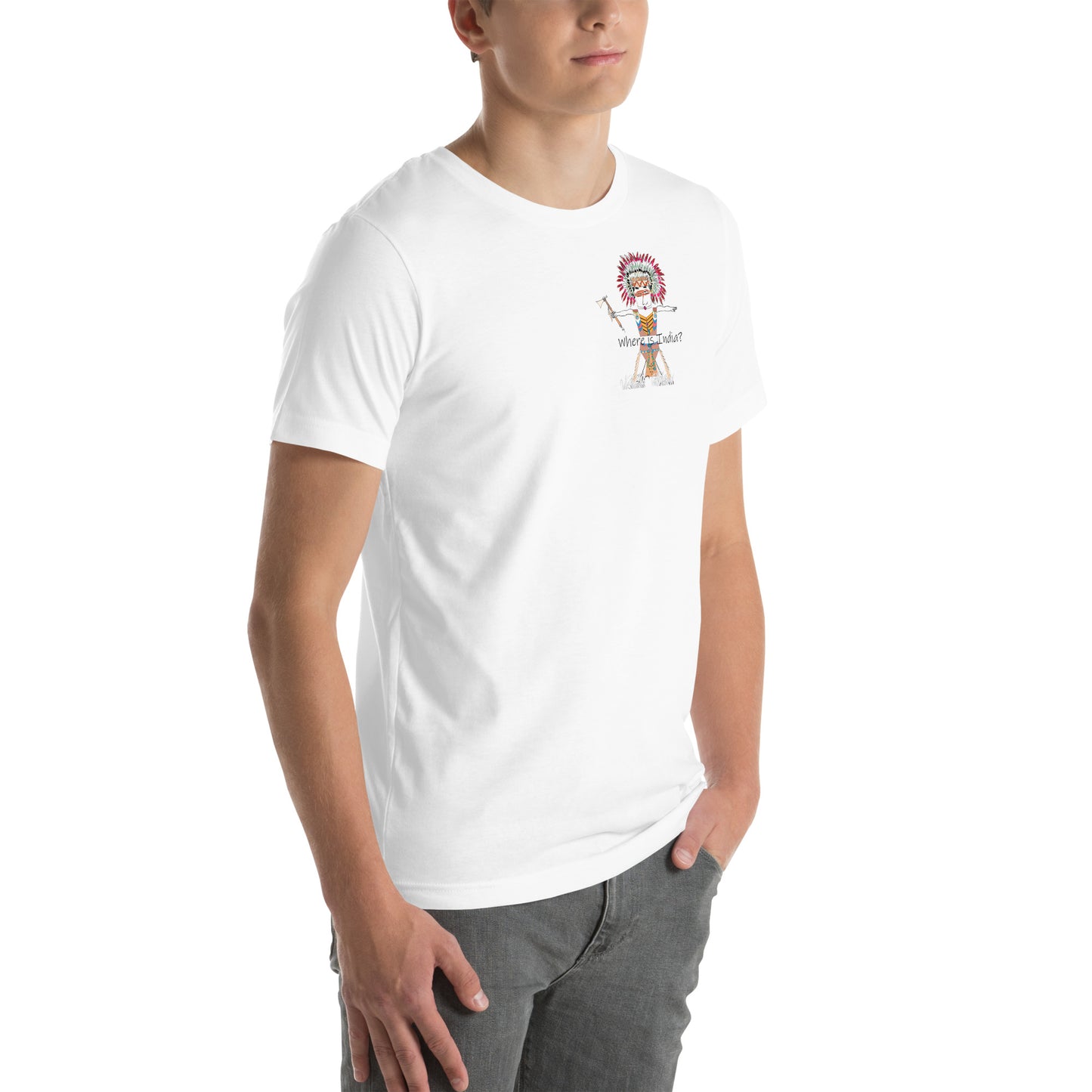 Right side view of a man model wearing a white t-shirt with an American Indian man graphic design on a white background