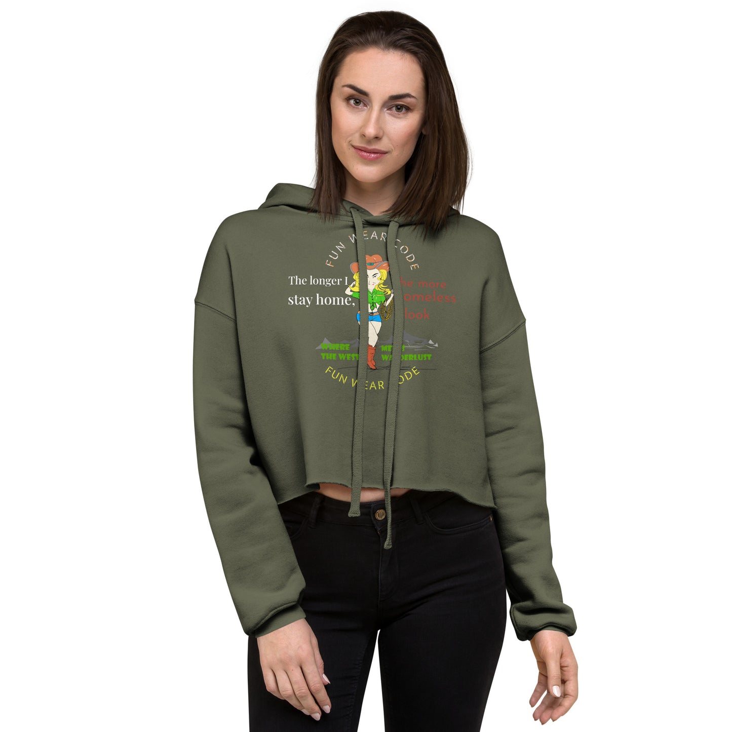Woman wearing a green hoodie with a graphic design on a white background